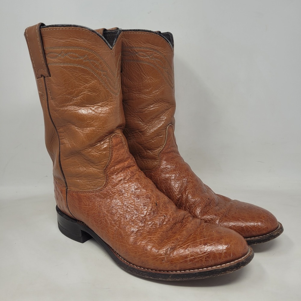 Vintage Justin Boots 9D Brown Leather Ostrich Western Cowboy Roper USA J90161